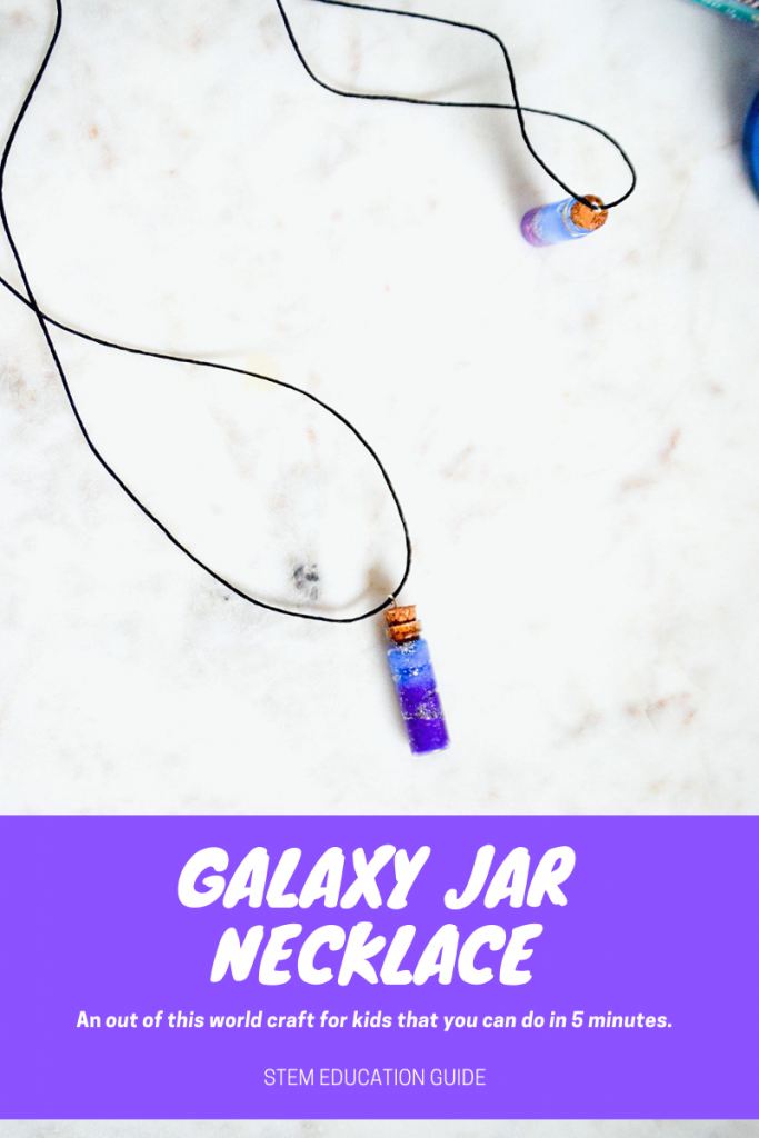 How to these Galaxy Jar Necklaces. They only take 5 minutes! All you need is paint, cotton balls, and glitter!  Great craft for kids that could make a great art project alongside a lesson about space. 