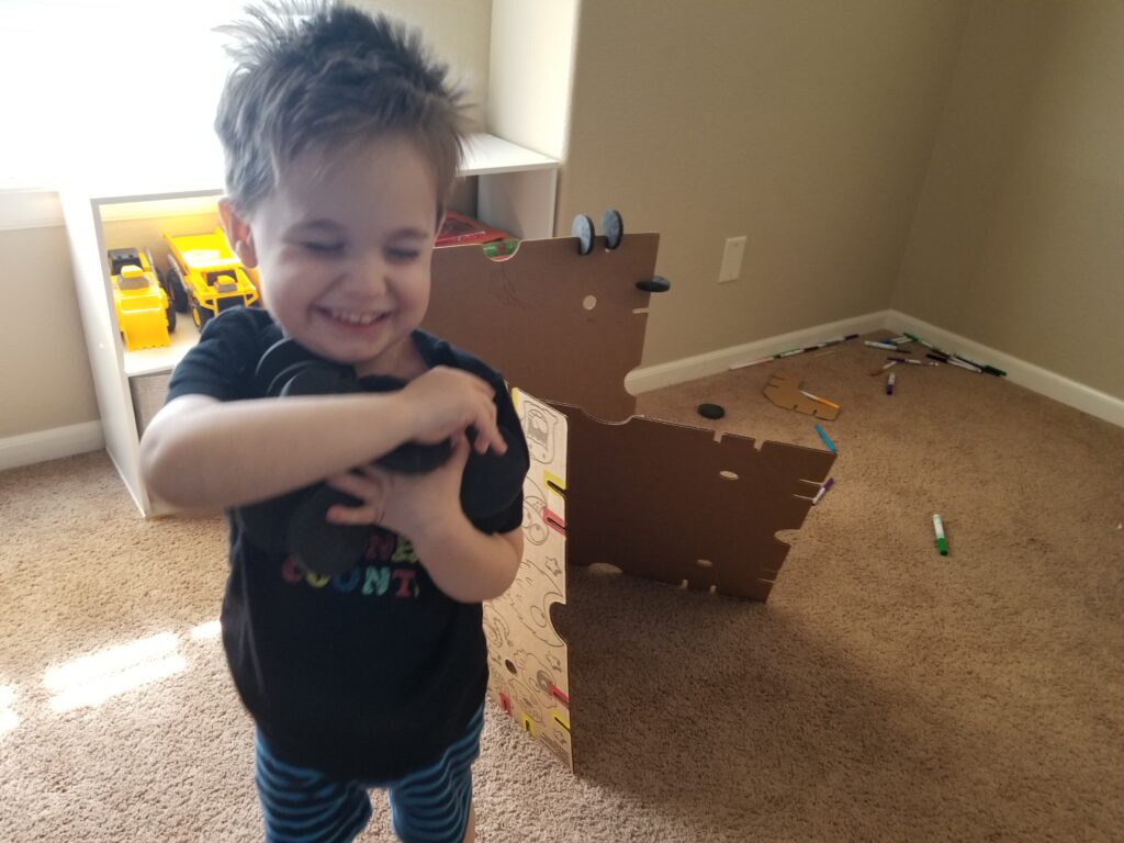 My Two-Year-Old Was More Interested in Playing With the Foam Pucks Than Helping the Other Kids Build.