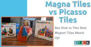A girl with Magna Tiles and Picasso Tiles