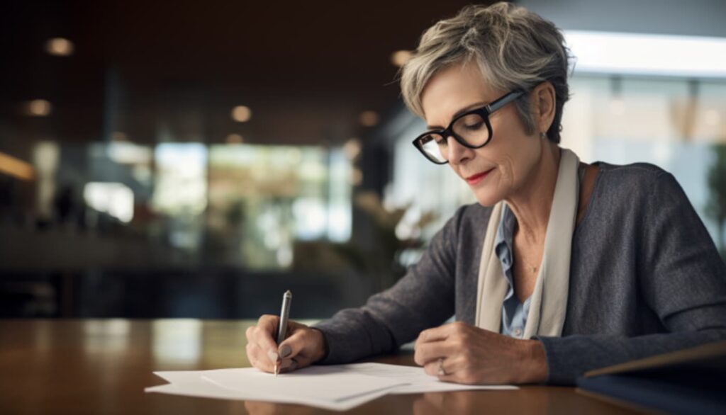 Grandmother writing on desk