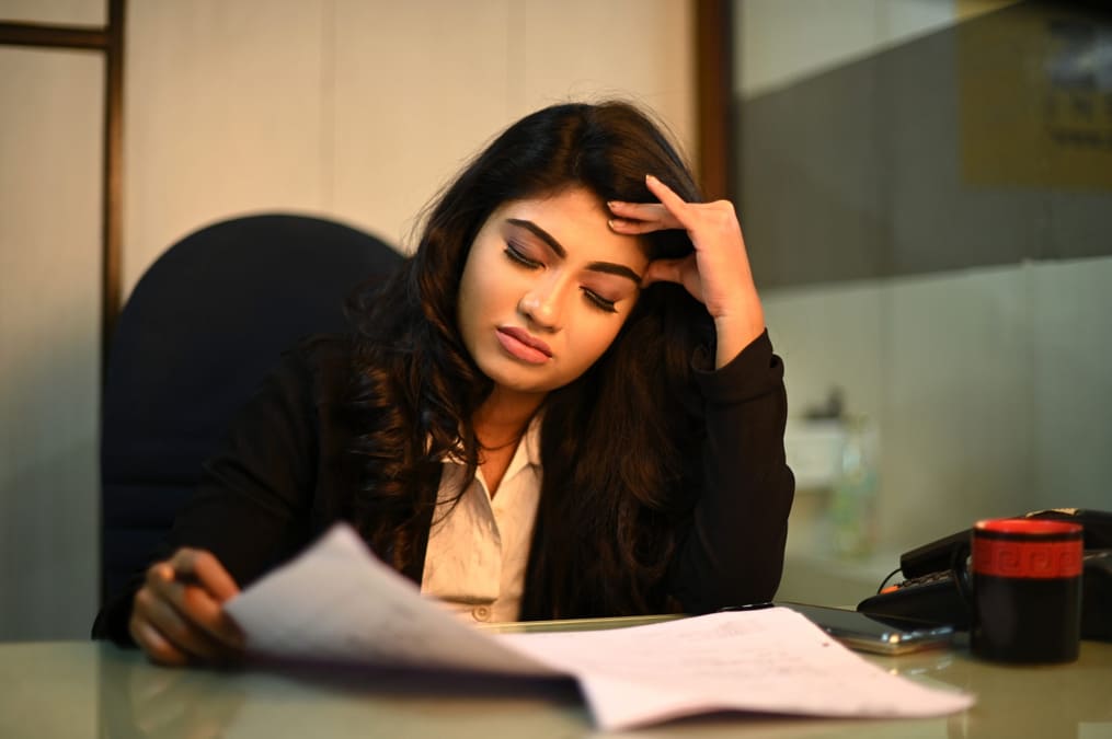 stressed woman office worker.