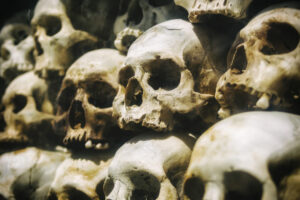 Stacked skulls off pol pot victims.