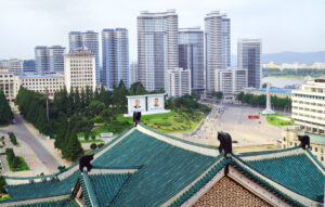 North Korea view with kim sung II billboard.