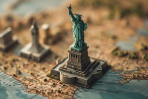 the statue of liberty on top of a map of new york city.