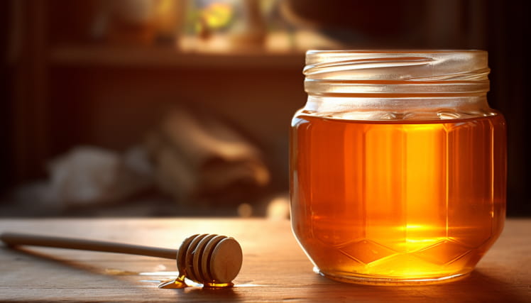 Jar of honey on a table.