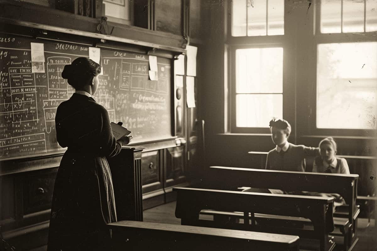 Old photograph of teacher in school.