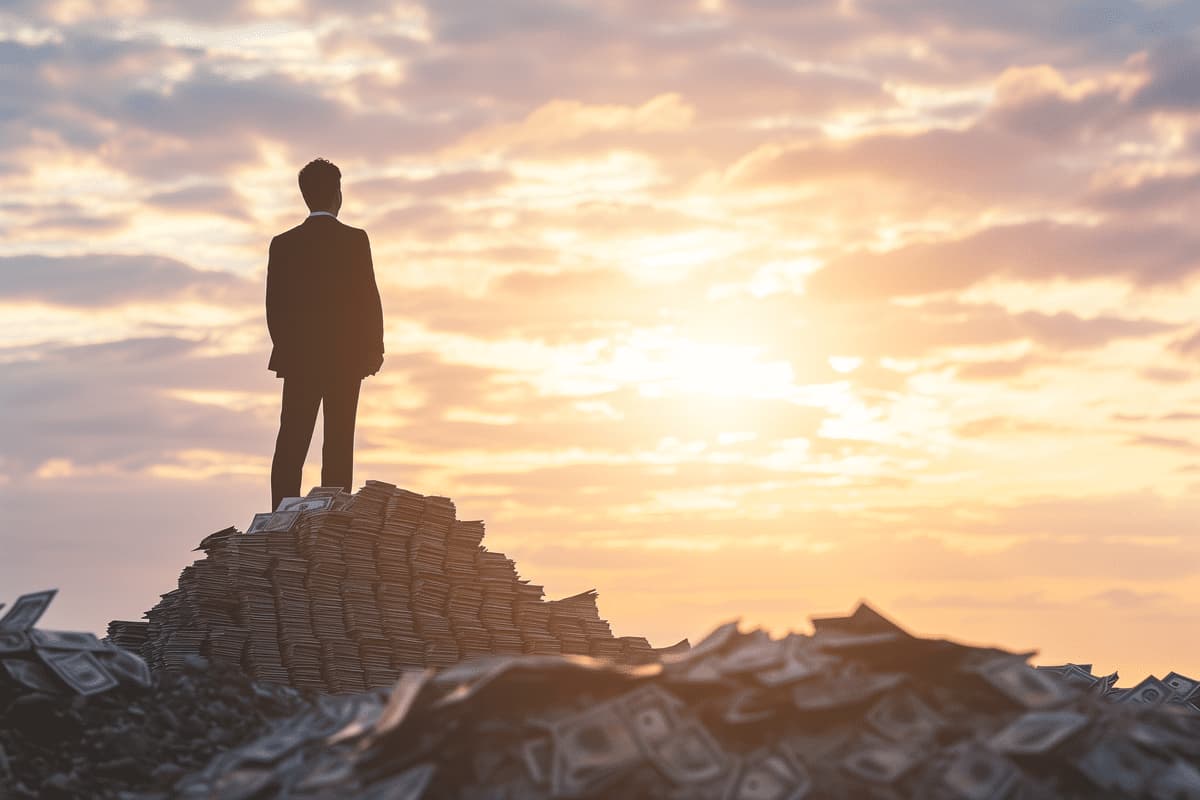 A Man standing on a pile of money outside.