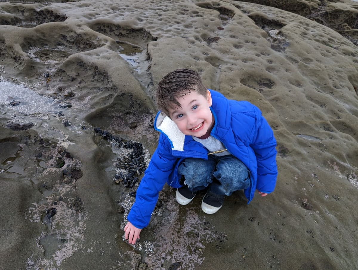 My son looking at a tide pool at Shell Beach, La Jolla.